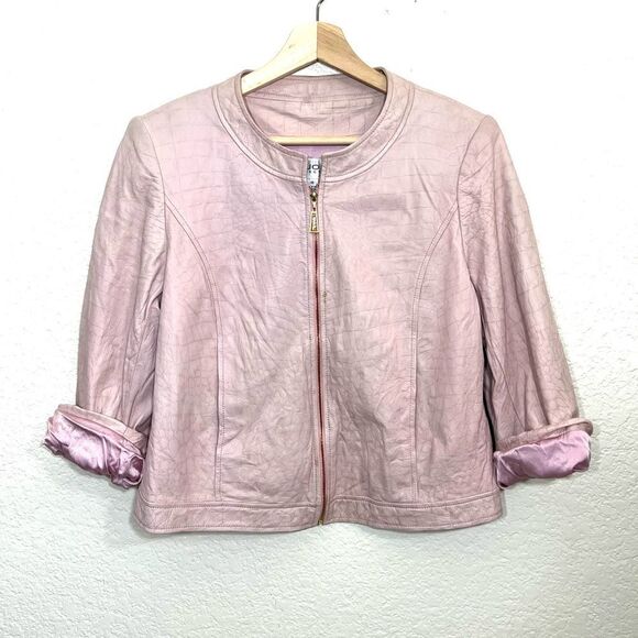 St. John Collection Pink Lamb Leather Jacket Silk Lined Croc Embossed Size 10 - Picture 1 of 15
